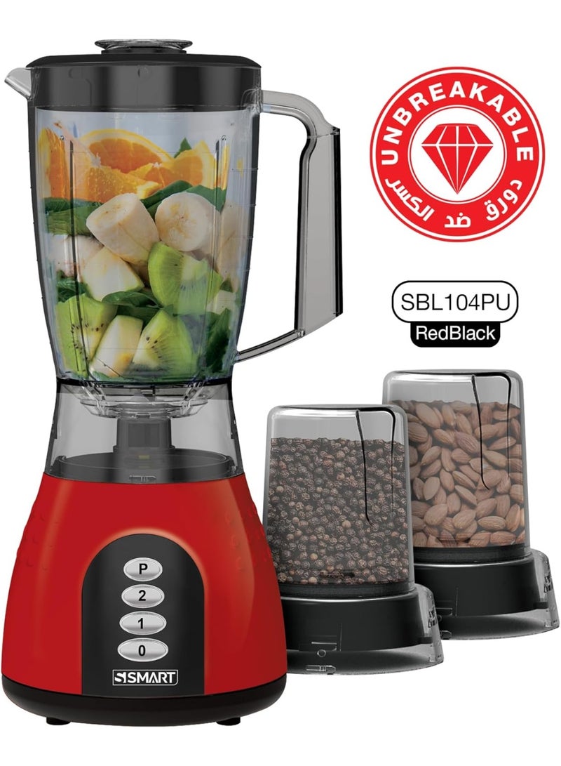 Smart SBL104PU 500W Unbreakable Piano Blender with 2 Grinders, 1.5L, Red/Black - Image 1